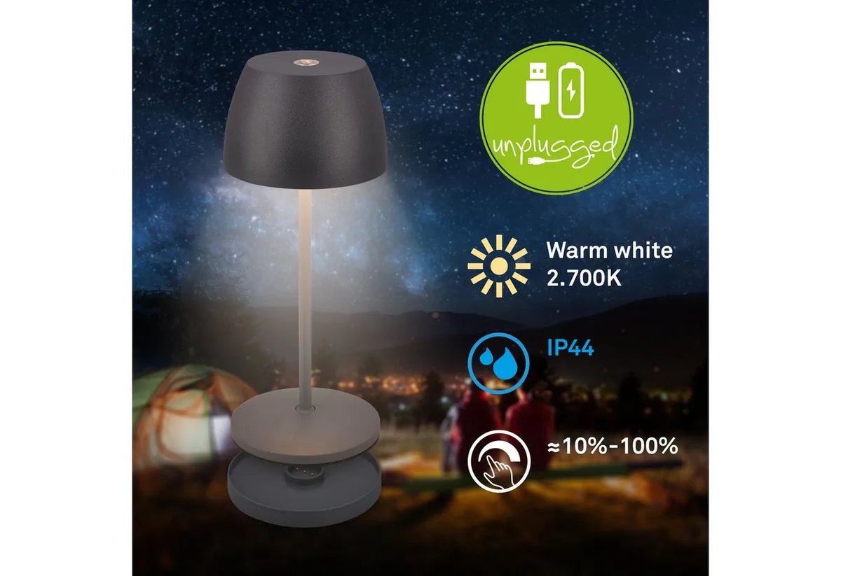 Tischleuchte Akku Tischlampe dimmbar kabellos Außen/Innen, Ladestation, LED fest integriert, 2700K - Extra - Warmweiß, Tischlampe kabellos 20,5x8 cm Anthrazit 1,5W Wohnzimmer Schlafzimmer fra Briloner i Grå – produktbillede
