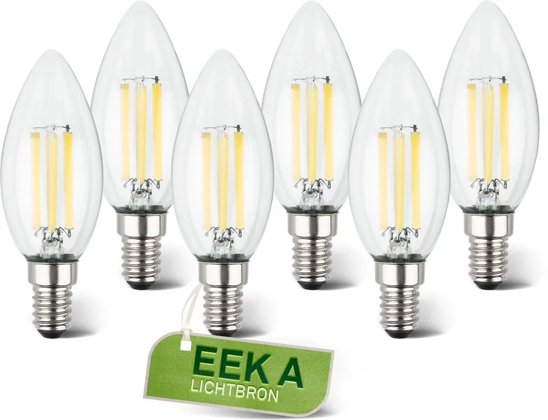 Ultra Efficient LED lamp - set van 6 lichtbronnen - E14 - filament verlichting - kaars - 2.5W - 525Lm - 2.700 K warm wit licht - Ø3.5cm van Briloner – productfoto