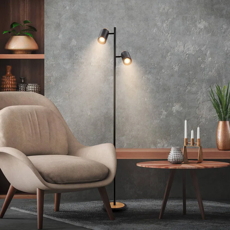 Vloerlamp Duta, zwart/licht hout, hoogte 160 cm Metaal/hout de Briloner en Noir, Licht hout – photo produit