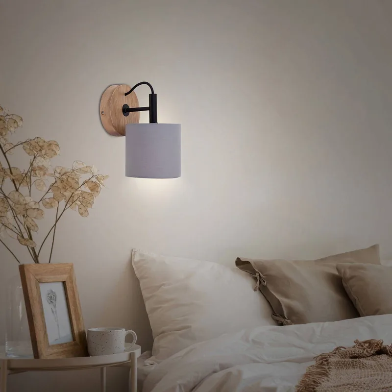 Wandlamp Rhon, kap van textiel van Briloner in Licht hout, Grijs, Zwart – productfoto