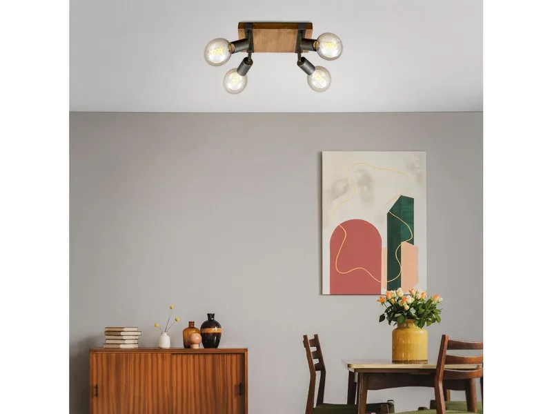 WOOD BASIC - plafondlamp vierkant - spots draaibaar - 4xE27 max. 25W - Materiaal: hout en Metaal - Kleur: en Metaal grijs by Briloner in Black – product photo 2 of 4