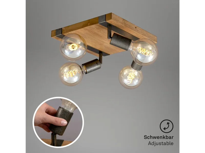 WOOD BASIC - plafondlamp vierkant - spots draaibaar - 4xE27 max. 25W - Materiaal: hout en Metaal - Kleur: en Metaal grijs by Briloner in Black – product photo 4 of 4
