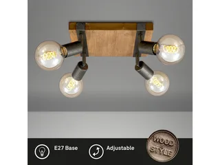 WOOD BASIC - plafondlamp vierkant - spots draaibaar - 4xE27 max. 25W - Materiaal: hout en Metaal - Kleur: en Metaal grijs by Briloner in Black – product photo 3 of 4