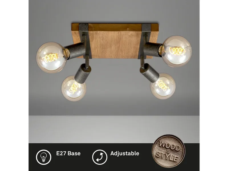 WOOD BASIC - plafondlamp vierkant - spots draaibaar - 4xE27 max. 25W - Materiaal: hout en Metaal - Kleur: en Metaal grijs by Briloner in Black – product photo 3 of 4