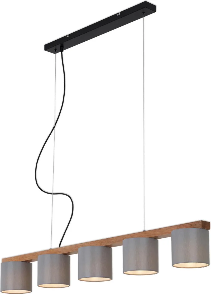 WOOD & STYLE - hanglamp - 5-lichts - E14 max. 25W - lampenkap: - Materiaal: Metaal-hout en stof de Briloner en Gris – photo produit