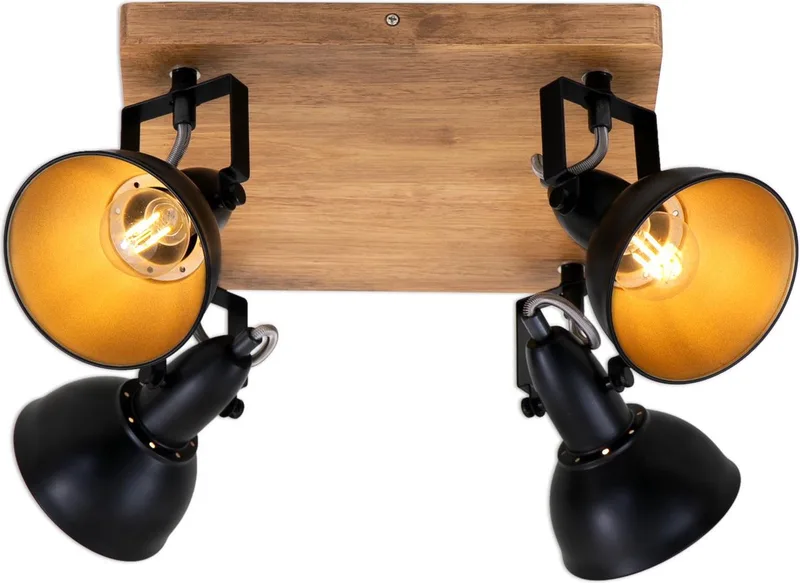 WOOD & STYLE - Plafondlamp - spots draaibaar - 4-lichts E14 - Materiaal: hout en Metaal - Kleur: en goud de Briloner en Noir – photo produit