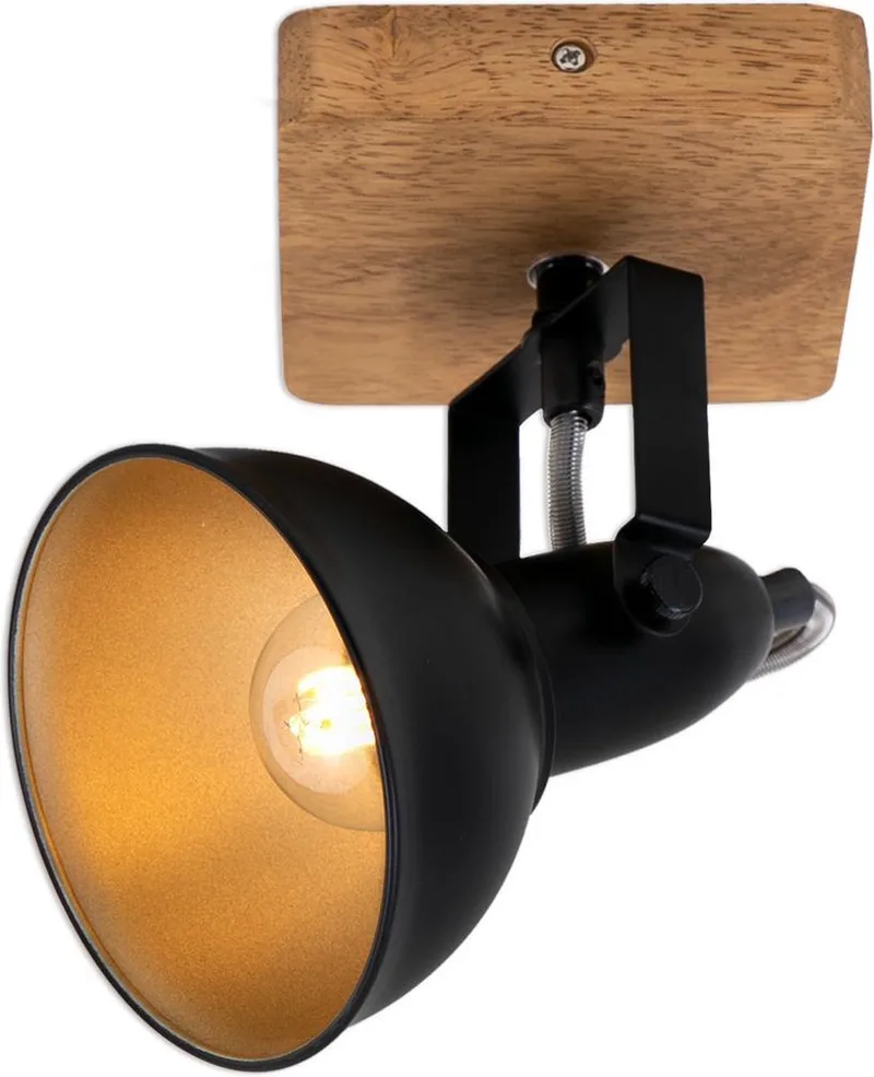 WOOD & STYLE - Wandlamp - spot draaibaar - E14 - Materiaal: hout en Metaal - Kleur: en goud von Briloner in Schwarz – Produktfoto