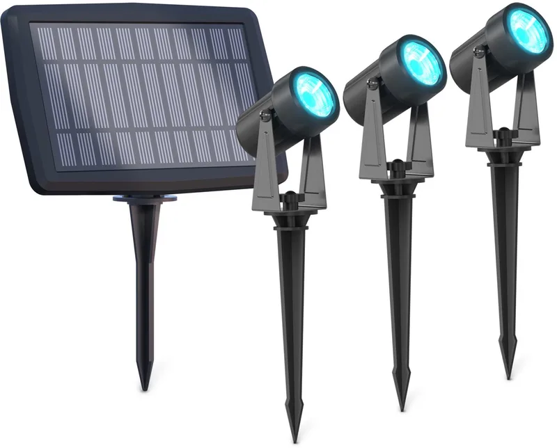 Aosta Solar Buiten Spotlight 3-Pack – RGBIC + 2700–6500K – 50 Lumen – IP44 – Solar – USB-C Oplaadbaar – 3W Zonnepaneel – 2×1500mAh Vervangbare Batterijen de Calex en Noir – photo produit