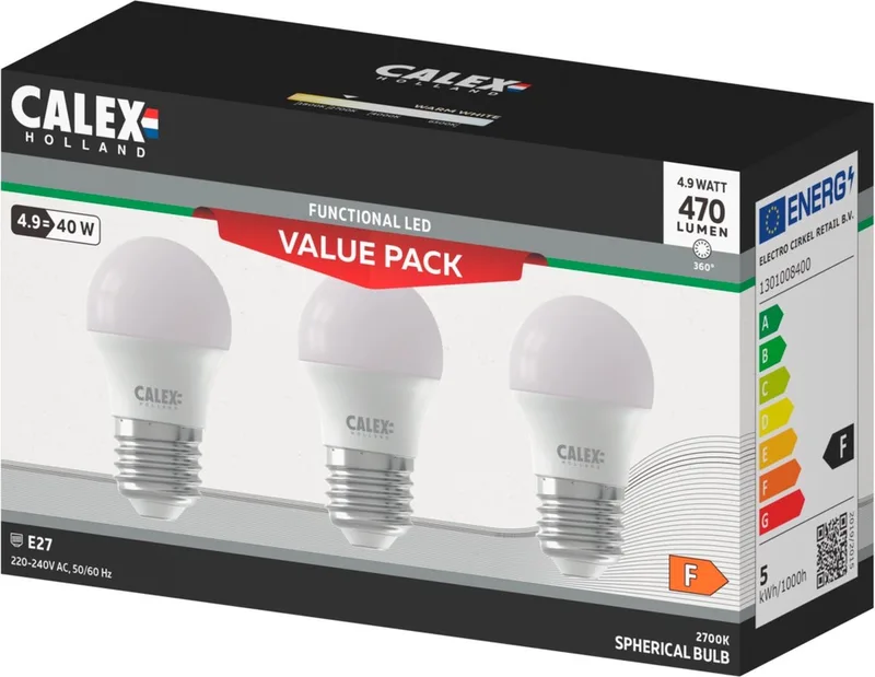 Calex 3X E27 LED Kogellamp | 4.9W 470Lm 2700K | 220-240V P45 | Multipack von Calex – Produktfoto