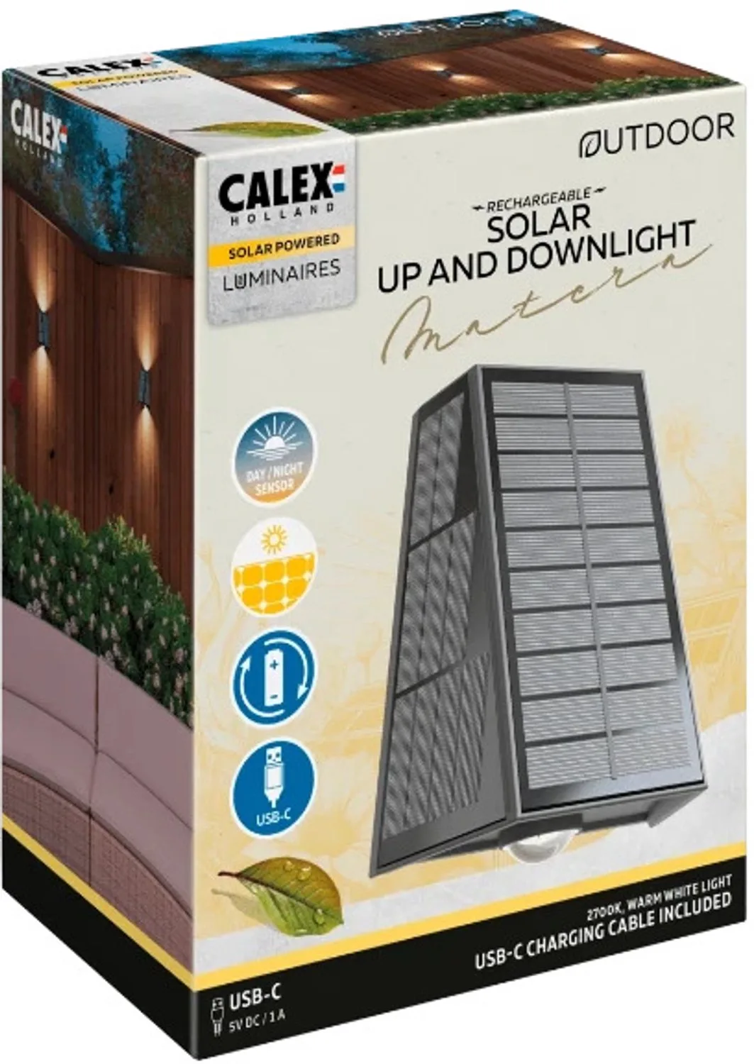 Doos 4x Calex Buiten Up/Downlighter Matera | 1.6W 85Lm 2700K | 727 | Met Schemersensor Oplaadbaar Solar | IP44 van Calex in Zwart – productfoto