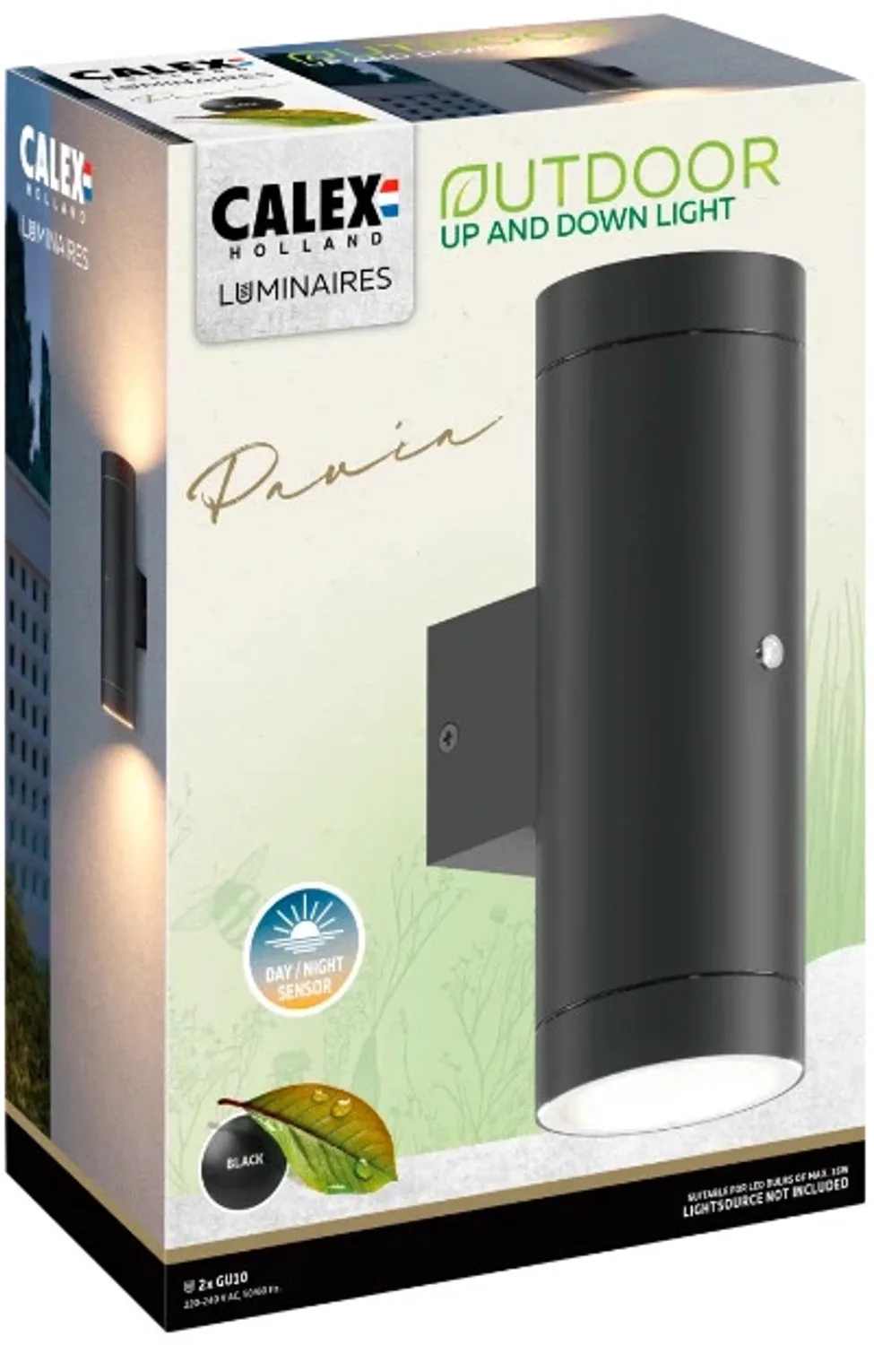 Doos 4x Calex Buiten Up/Downlighter Pavia | 2x GU10 | Met Schemersensor | IP44 från Calex i Svart – produktbild