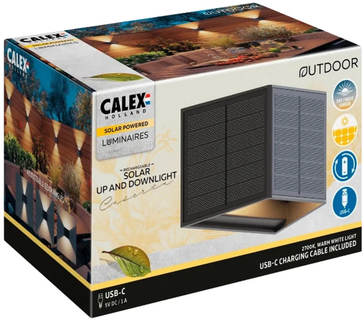 Doos 5x Calex Buiten Up/Downlighter Caserta | 0.5W 40Lm 2700K | 727 | Met Schemersensor Oplaadbaar Solar | IP44 de Calex en Noir – photo produit