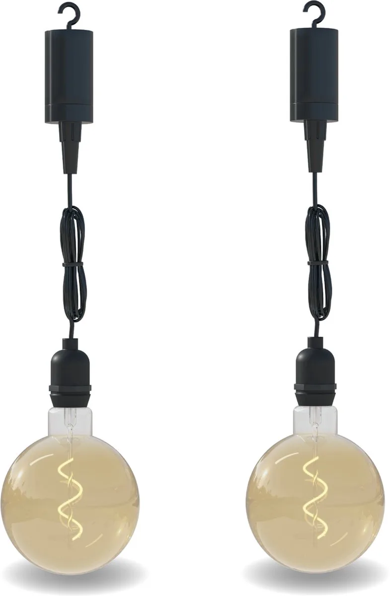 Hanglamp voor buiten - 2 Stuks - Pendel Buitenverlichting op batterij - Goud - Filament Lichtbron - Zwart - Sierlamp - Decoratief - 4 lumen Zachte lichtoutput fra Calex i Zwart-2-Stuks – produktbillede