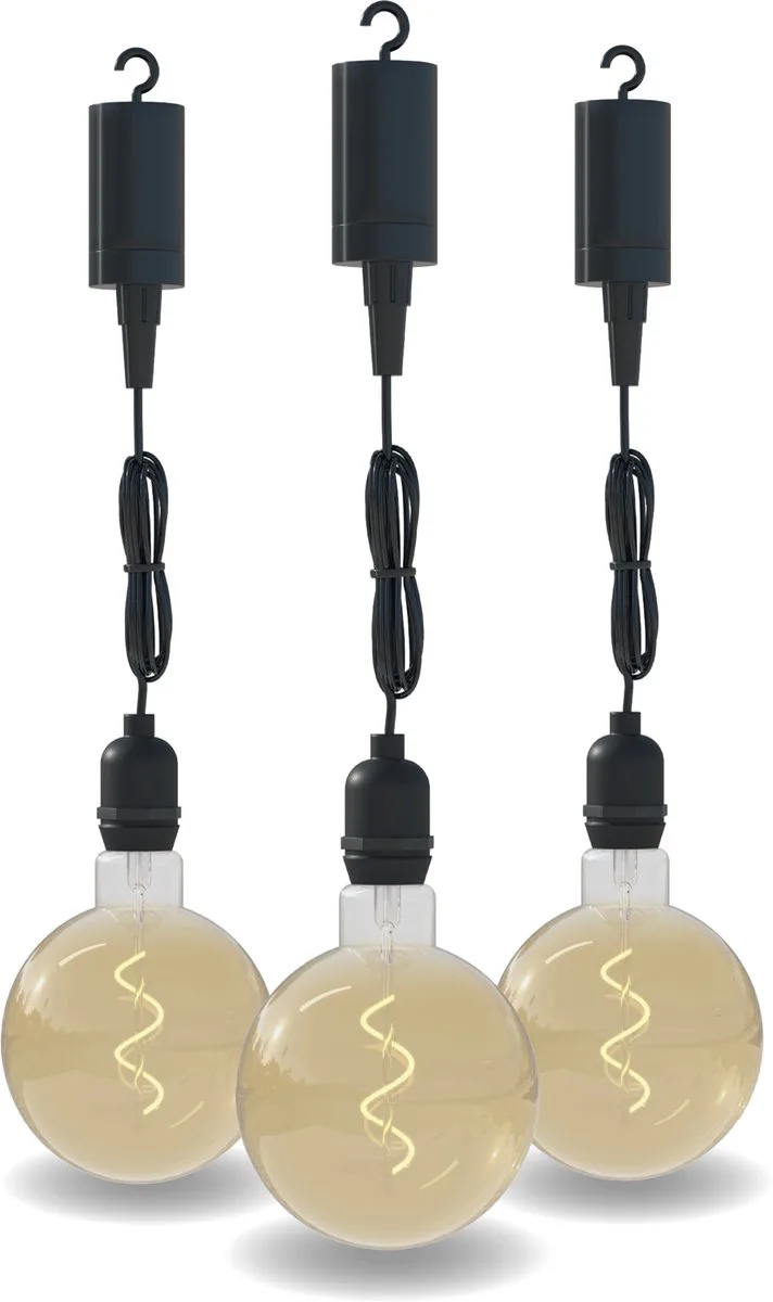 Hanglamp voor buiten - 3 Stuks - Pendel Buitenverlichting op batterij - Goud - Filament Lichtbron - Zwart - Sierlamp - Decoratief - 4 lumen Zachte lichtoutput von Calex in Zwart-3-Stuks – Produktfoto