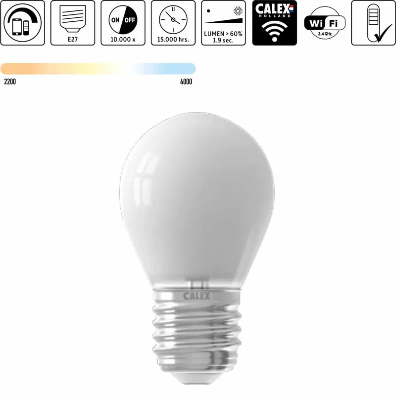 LED lamp | dimbaar | E27 | 4,5 watt | Ø45 mm | 2200 - 4000 Kelvin | 400 lumen | 220 Volt, 240 volt från Calex – produktbild