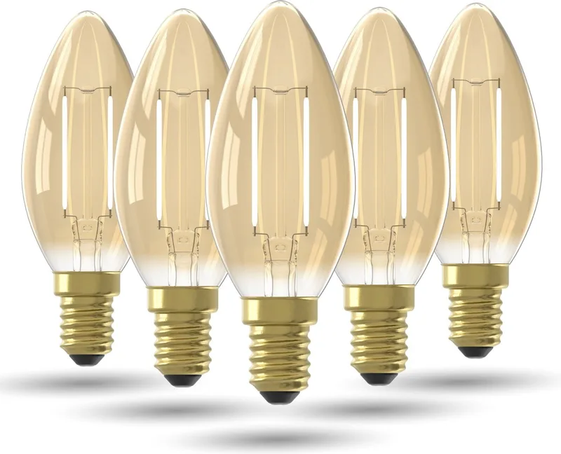 LED Lamp Goud - Set van 5 Stuks, E14, B35 Kaars, Straight filament, 3.5W 250lm 2100K, niet dimbaar fra Calex – produktbillede