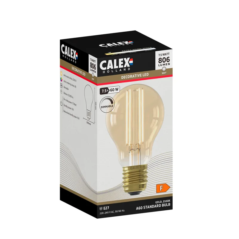 LED lamp | warm wit | dimbaar | E27 | 7,5 watt | 2100K | 806 lumen | 240V by Calex – product photo