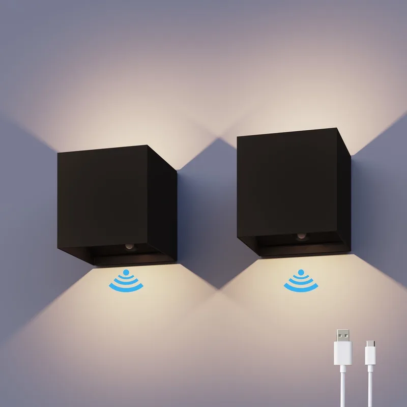 Oplaadbare Wandlamp Kubus - Set van 2 - Warm Wit Licht - Binnen en Buiten - Waterdicht - Draadloos - USB-C Oplaadbaar - Bewegingssensor de Calex en Zwart-2-Stuks – photo produit