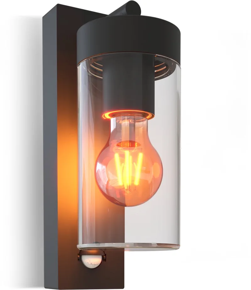 Wandlamp Perugia Inclusief lichtbron - E27 – IP44 Spatwaterdicht – Bewegingssensor - Aluminium – Industrieel – Modern - Complete wandlamp de Calex en Noir – photo produit