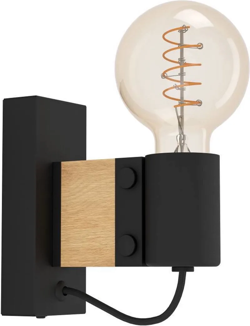 Bailrigg Wandlamp - E27 - 13,5 cm - Zwart/Bruin - Hout/Staal från EGLO i Svart – produktbild