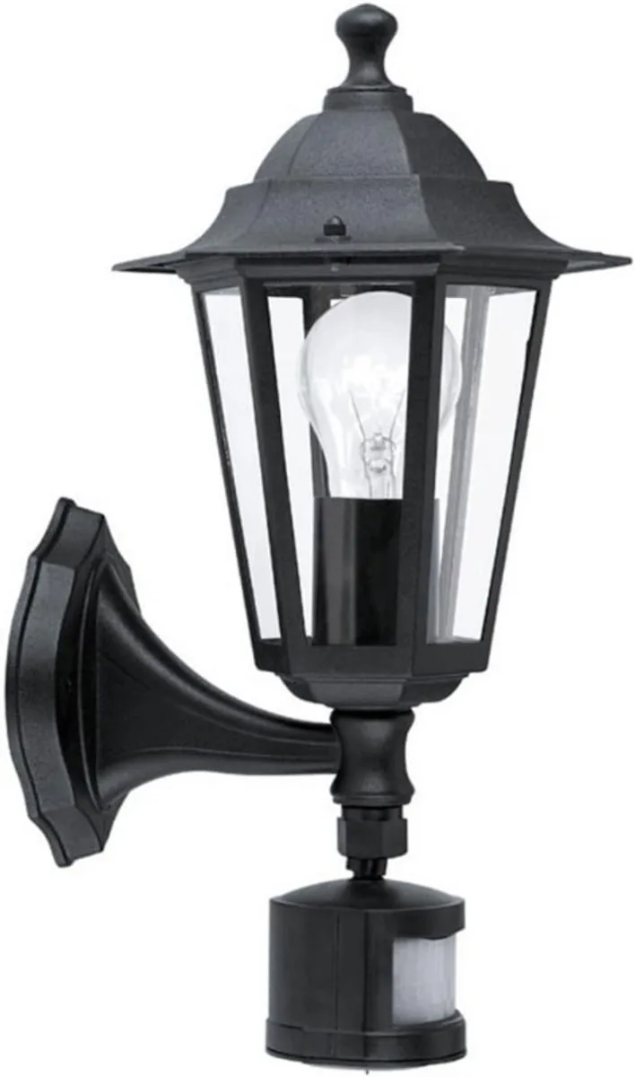 Buitenverlichting Wandlamp Laterna 4, 1-pits buitenlamp incl. bewegingsmelder, sensorwandlamp van gegoten aluminium en glas, kleur: fitting: E27, IP44 de EGLO en Noir – photo produit
