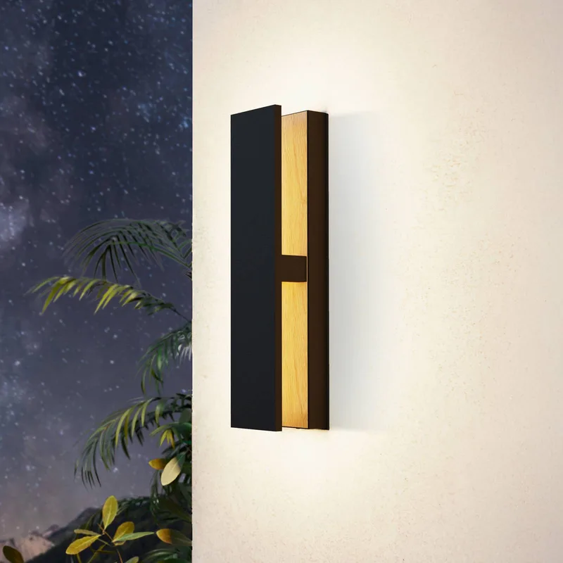 Costorio LED buitenwandlamp, indirect, zwart by EGLO in Black, Naturel hout – product photo