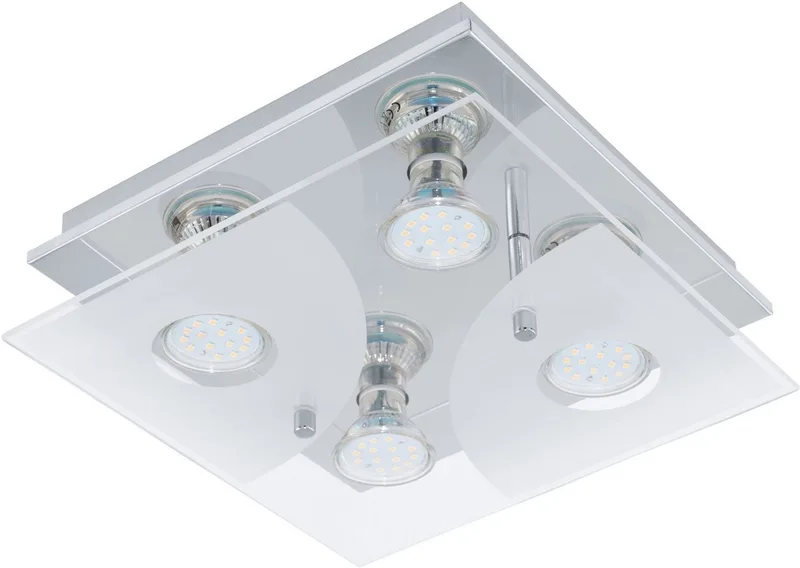 Deckenleuchte CABI Deckenlampe, Edelstahl und Glas, GU10, weiss, Wohnzimmerlampe, LED wechselbar, Warmweiß, Deckenleuchte, L25 x B25 x H8,5 cm, chrom, weiß, klar, 4X2,8W inkl. de EGLO en Argent – photo produit