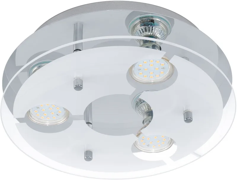 Deckenleuchte CABI Deckenlampe, Edelstahl und Glas, GU10, Wohnzimmerlampe, Lampe, LED wechselbar, Warmweiß, Deckenleuchte, Flur, H8,5 x Ø27cm, chrom, weiß, klar, 3X2,8W inkl. von EGLO in Silber – Produktfoto
