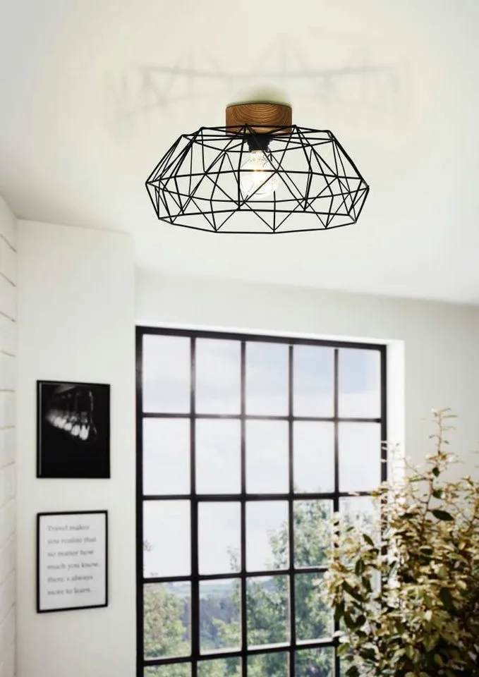 Deckenleuchte PADSTOW Deckenlampe, Stahl und Holz, E27, IP20, Wohnzimmerlampe, Lampe, ohne Leuchtmittel, Wand-/Deckenleuchte, H20,5 x Ø45,5 cm, natur, 1X60W exkl. von EGLO in Schwarz – Produktfoto