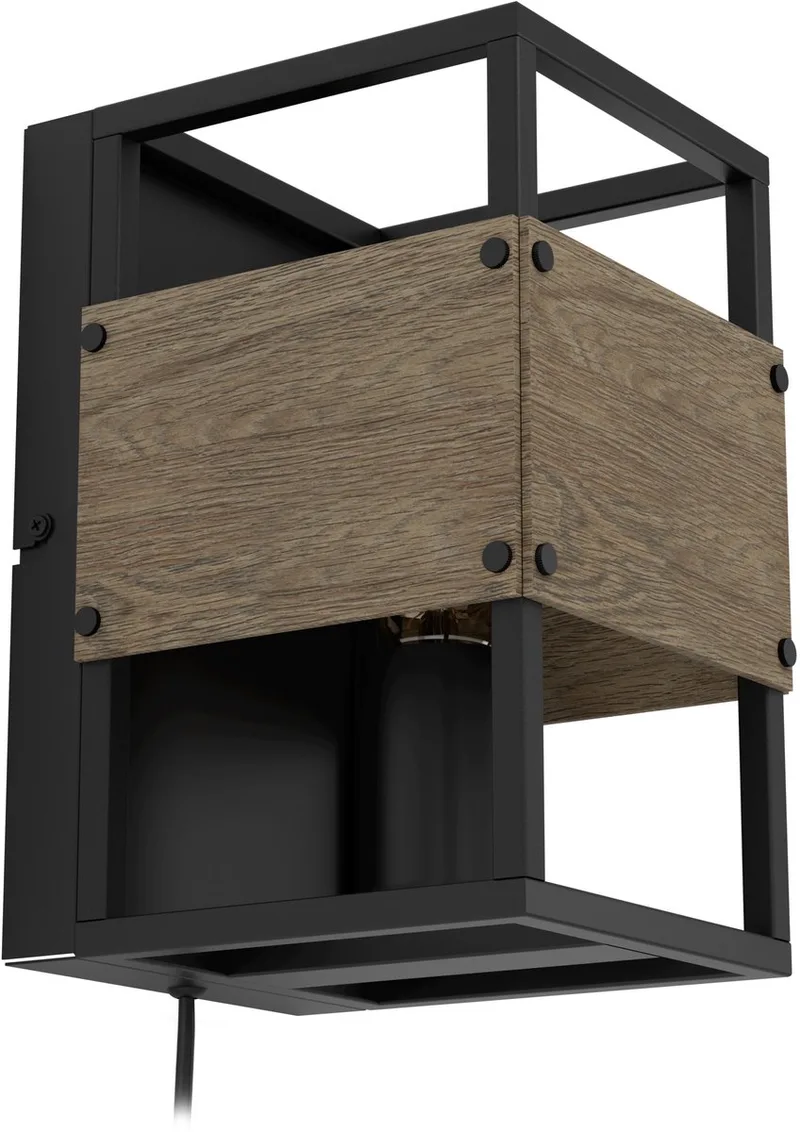 Evesham Wandlamp - E27 - 24 cm - Zwart | Bruin - Staal | Hout fra EGLO i Sort, Brun – produktbillede