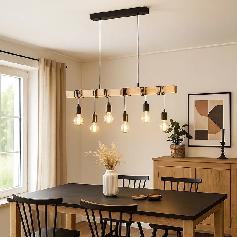 Hanglamp eettafel lamp houten balk hanglamp in hoogte verstelbaar woonkamer lamp 6 vlammen, 6x E27, LxH 100 x 191,5 cm de EGLO en Marron – photo produit
