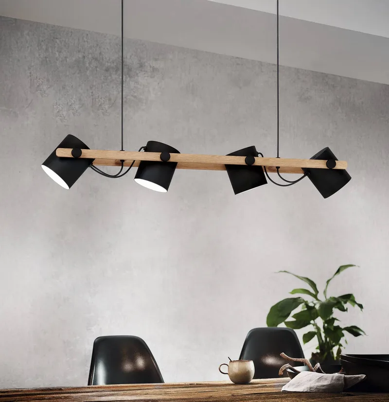 Hanglamp Hornwood, 4-lamps, zwenkbaar fra EGLO i Sort, Hout licht, Creme – produktbillede