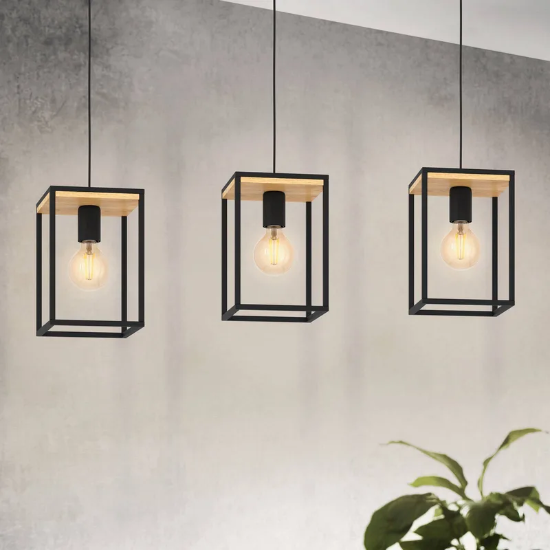 Hanglamp Libertad, lengte 88 cm, zwart/hout, 3-lamps. de EGLO en Noir, Licht hout – photo produit