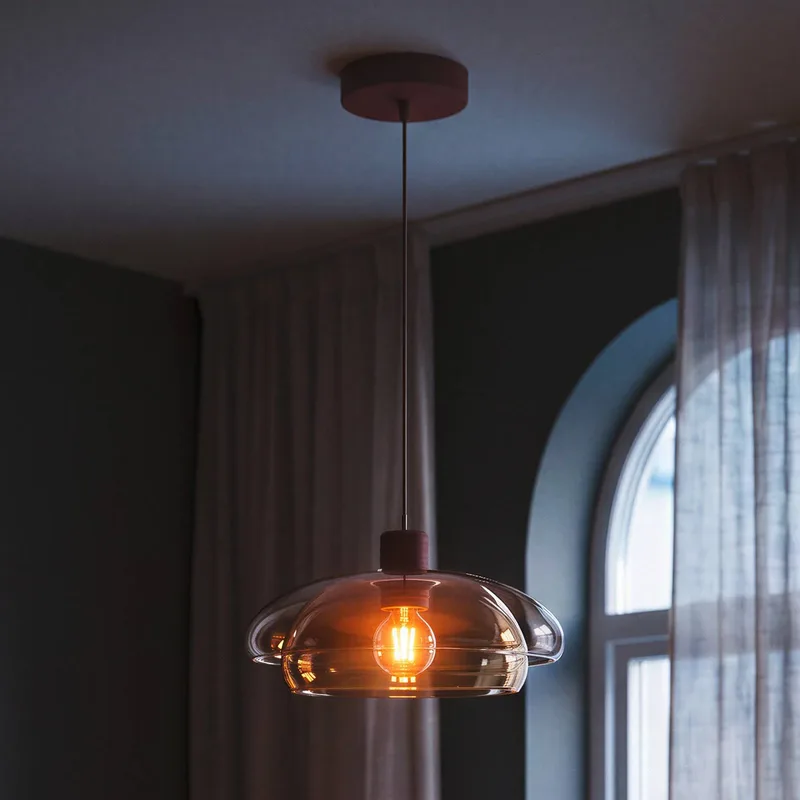 Hanglamp Salesiani, bordeauxrood, glas, metaal, E27 fra EGLO i Bordeauxrood, Rosé, Amber – produktbillede