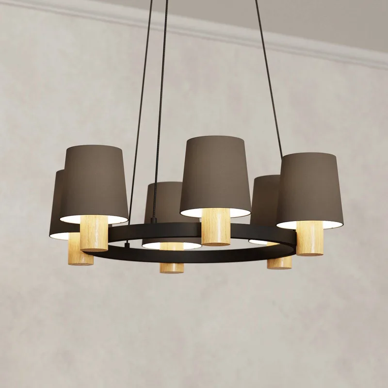 Kroonluchter Edale, 6x stoffen kap cappuccino rond de EGLO en Cappuccino, Licht hout, Noir – photo produit