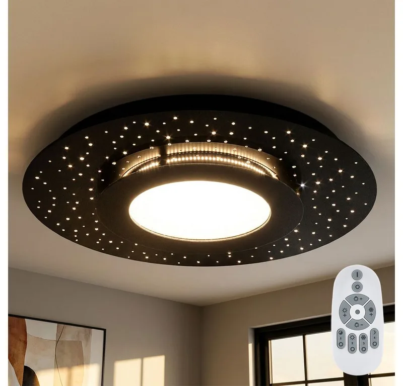 LED Deckenleuchte, LED-Leuchtmittel fest verbaut, Warmweiß, LED Deckenlampe Deckenleuchte Fernbedienung Glas Dimmbar D50cm von EGLO in Schwarz – Produktfoto