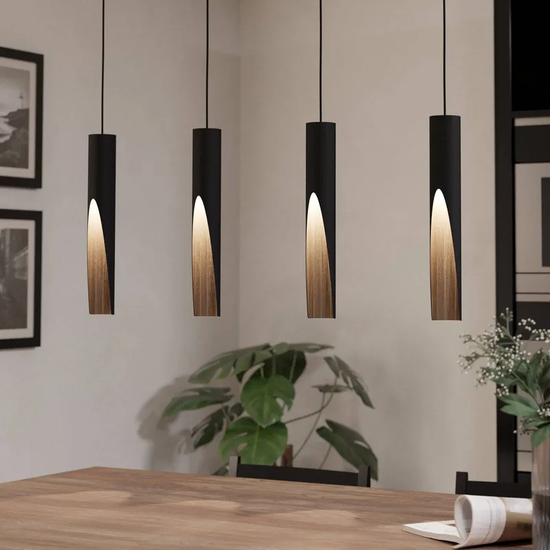 LED hanglamp Barbotto in zwart/eiken, 4-lamp de EGLO en Noir, Eiken – photo produit
