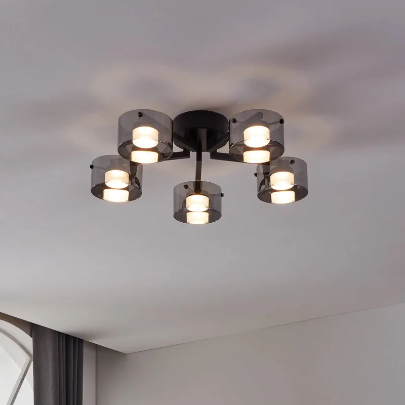 LED plafondlamp Copillos, zwart Ø 66 cm glas/metaal 5-lamps. de EGLO en Rookgrijs glanzend, Noir – photo produit