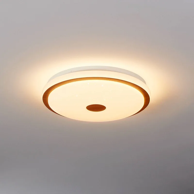 LED-loftslampe Lanciano 1 med fjernbetjening Ø38cm fra EGLO i Hvid, Naturel hout – produktbillede