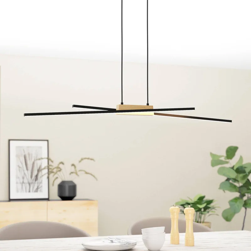 Panagria LED hanglamp, zwart met houten detail de EGLO en Noir, Licht hout – photo produit