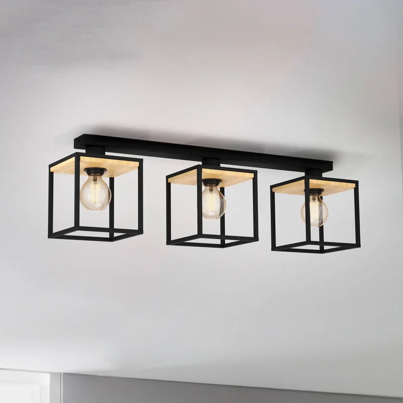 Plafondlamp Libertad, lengte 86 cm, zwart/hout 3-lamps. van EGLO in Zwart, Licht hout – productfoto