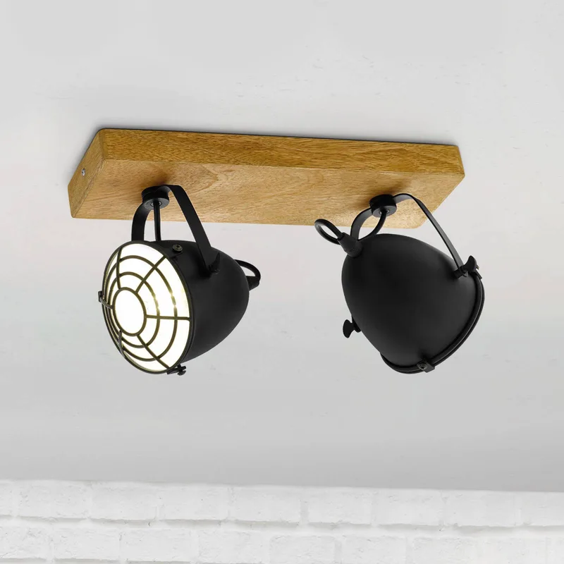 Plafondspot Gatebeck, hout/zwart, 2-lamps, hout de EGLO en Hout licht – photo produit