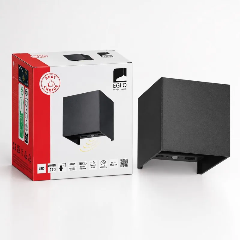 Rincine Wandlamp Buiten - Sensor - Oplaadbaar (tot 72 uur licht) - 10 cm - Draadloos - Dimbaar von EGLO in Schwarz – Produktfoto
