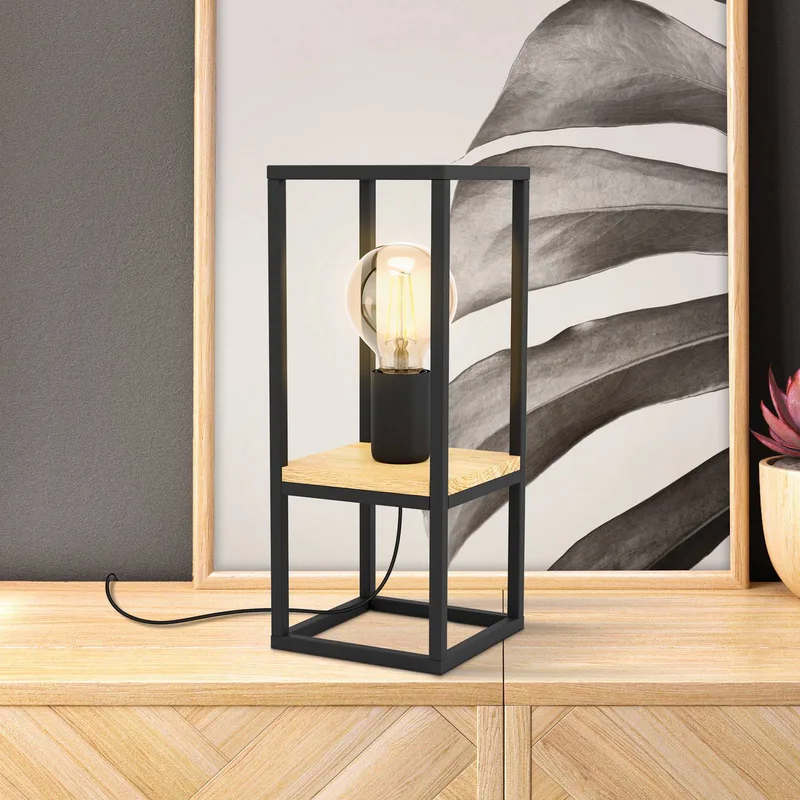 Tafellamp Libertad, hoogte 35 cm, zwart/hout, staal de EGLO en Noir, Licht hout – photo produit