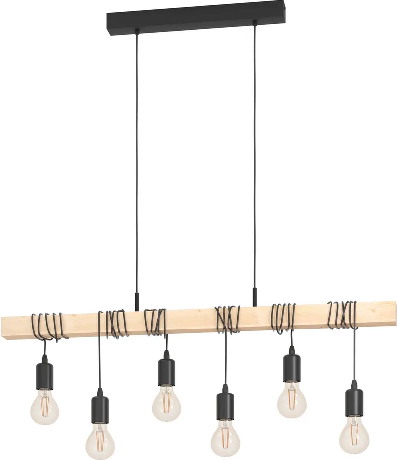 Townshend Hanglamp - E27 - 100 cm - Zwart/Bruin - FSC Hout de EGLO en Noir – photo produit