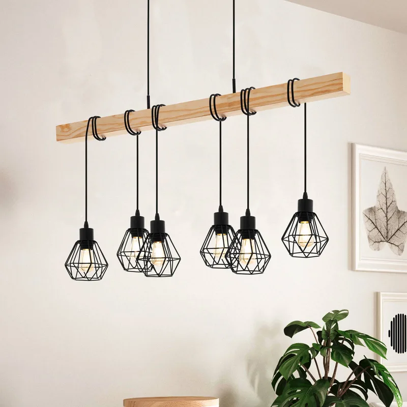 Townshend hanglamp, lengte 100 cm, zwart/eiken, 6-lamps. van EGLO in Zwart, Eik – productfoto