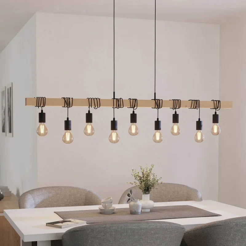 Townshend hanglamp, lengte 150 cm, zwart/hout, 9-lamps. de EGLO en Noir, Licht hout – photo produit