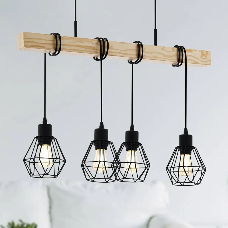 Townshend hanglamp, lengte 70 cm, zwart/eiken, 4-lamps. von EGLO in Schwarz, Eik – Produktfoto