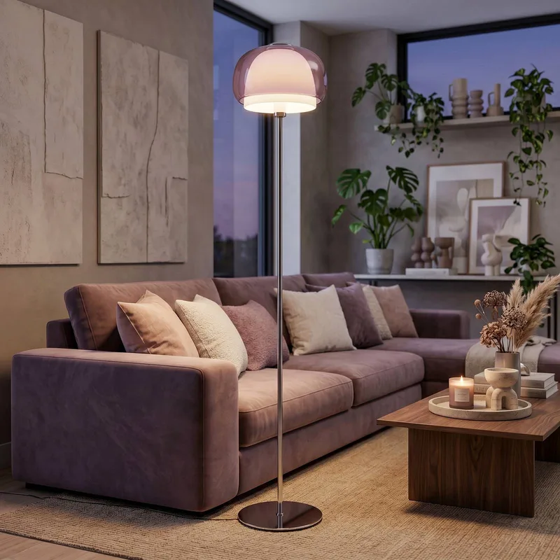 Vloerlamp Belomontejo, roze-transparant, glas, staal, E27 de EGLO en Roze-transparant, Chrome, Blanc – photo produit