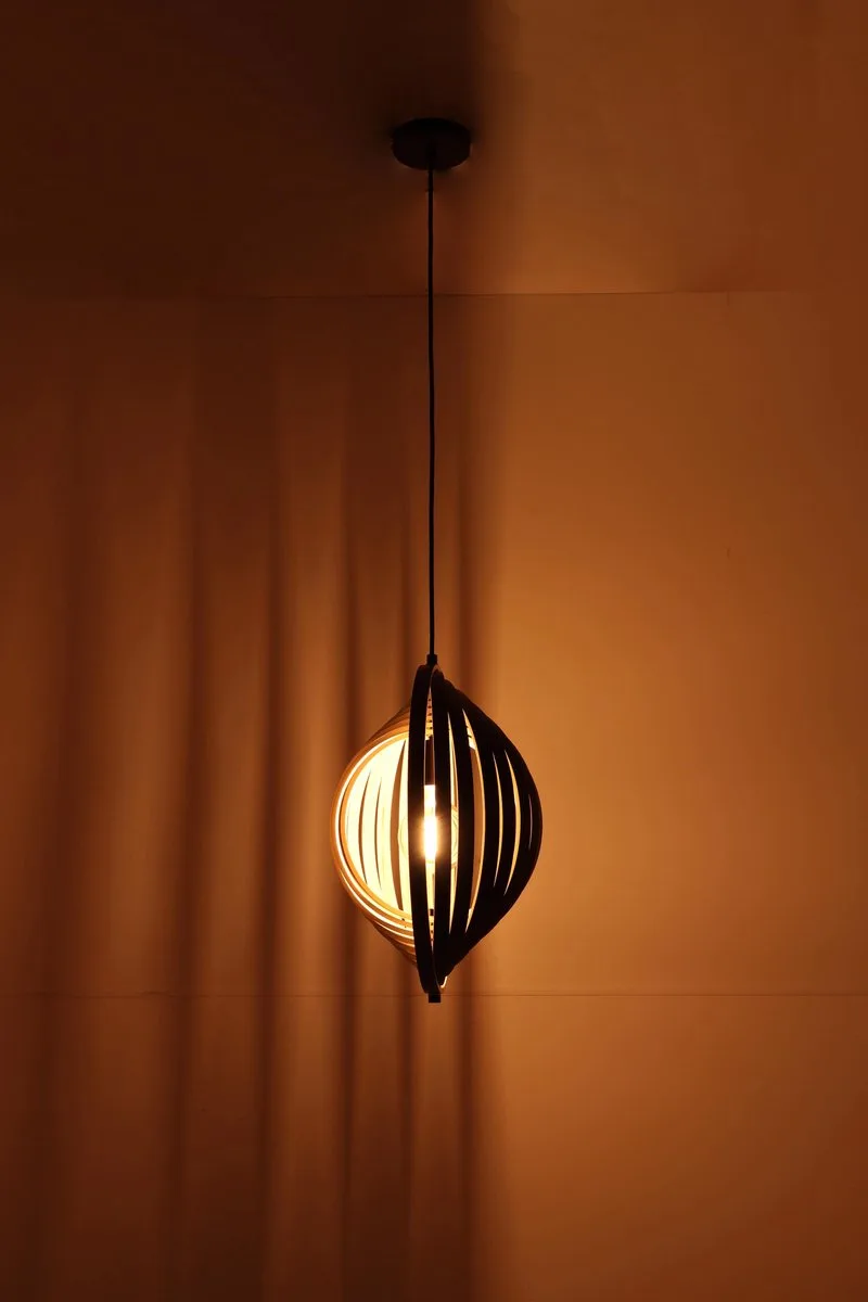 Hanglamp Woody - zwart met hout combi - verstelbare ringen - 44cm von ETH in Bruin Zwart – Produktfoto